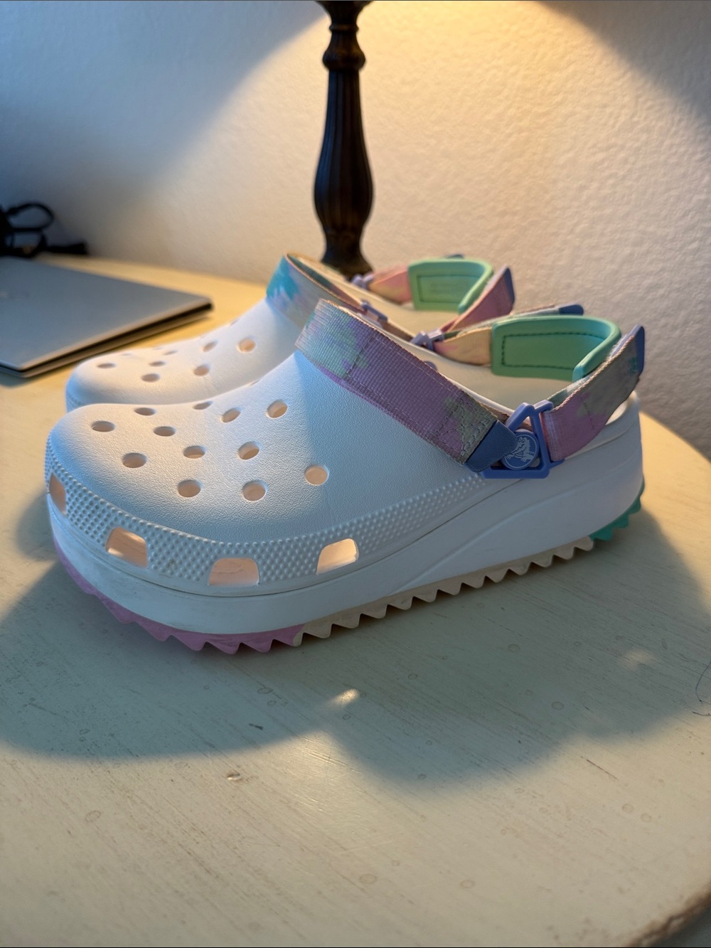CROCS ultra chunky White Clog Sandals with Pastel Tie-Dye Velcro Straps.